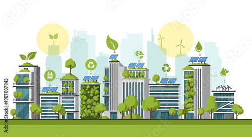 Eco-friendly cityscape with green buildings, solar panels, and wind turbines