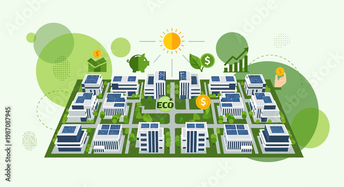 Eco-friendly city with solar panels on buildings, symbolizing green energy and sustainable development