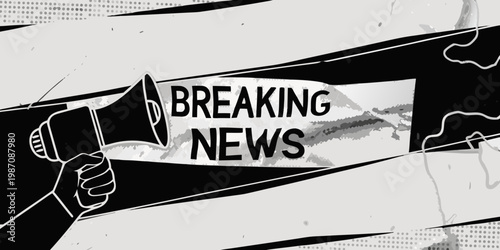 A hand holding a megaphone announcing breaking news on ripped paper