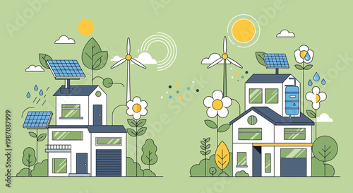 Eco-friendly houses with solar panels and wind turbines, sustainable energy concept