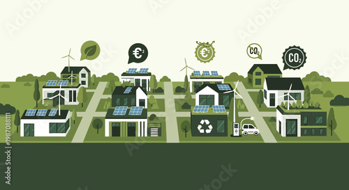Eco-friendly neighborhood with solar panels, wind turbines, electric car, and recycling symbol.