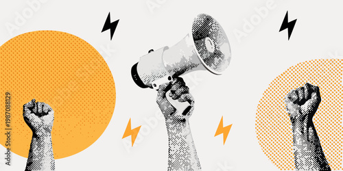 Protest imagery featuring a megaphone raised fists and lightning bolts