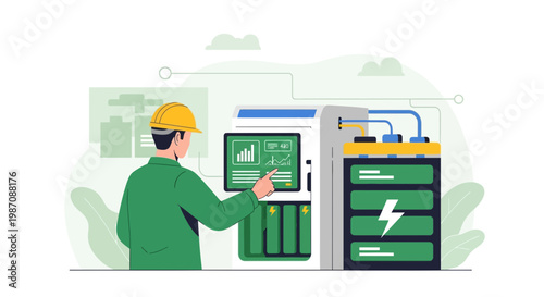 Engineer Inspecting Battery Energy Storage System with Digital Dashboard