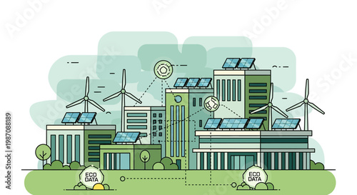 Green city skyline with solar panels and wind turbines, sustainable urban energy concept