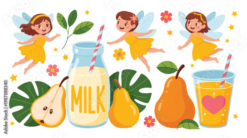 cartoon fairies flying around milk bottle and fruit  fresh healthy lifestyle