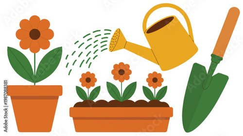 cartoon flowers in pots with watering can and shovel for gardening