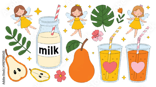 cartoon illustration of fairy and fruit drinks collection