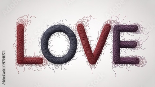 A creative illustration of the word love made from colorful yarn on a white background