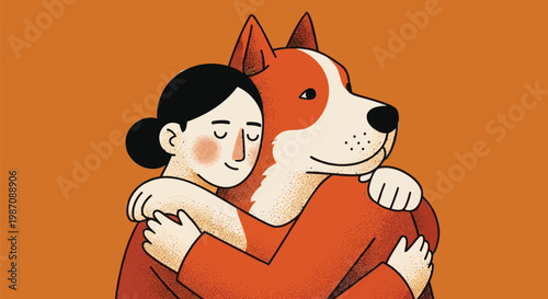 Heartfelt illustration of a woman and her loyal canine companion sharing a warm, comforting embrace, symbolizing unconditional love and deep connection