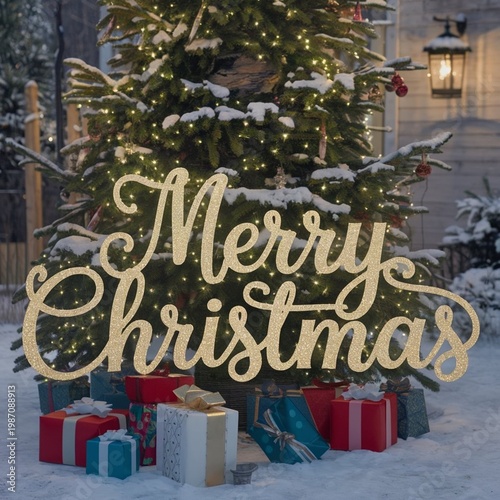 A festive Christmas scene with a decorated tree and presents in the snow