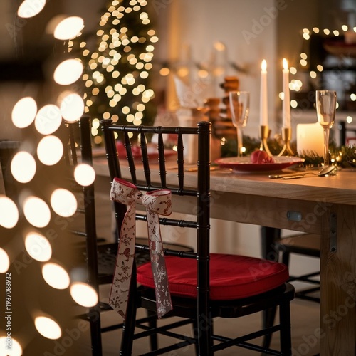 A beautifully decorated dining table set for Christmas dinner with a Christmas tree in the background