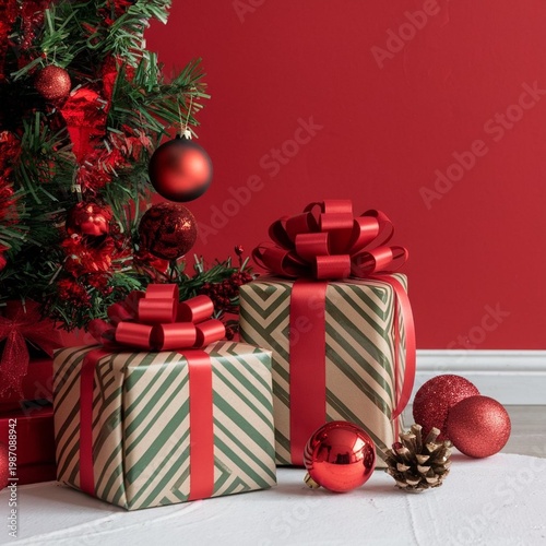 A festive Christmas scene with presents and ornaments near a tree