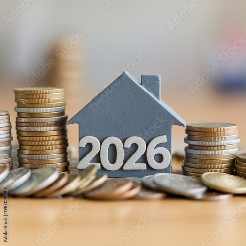 A house shaped cutout with the year 2026 and stacks of coins on a wooden surface