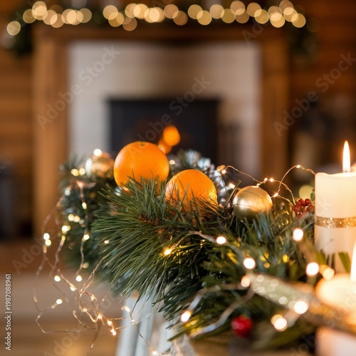 A cozy Christmas centerpiece with pine branches, ornaments, and candles on a wooden table in front of a fireplace