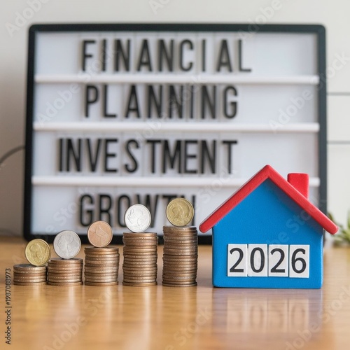 A blue toy house with a red roof and coins stacked in front of a sign with financial planning and investment words.