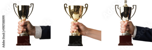 Fotografía Hand Holding Golden Trophy Cup for Victory and Success, Recognition of Achieveme