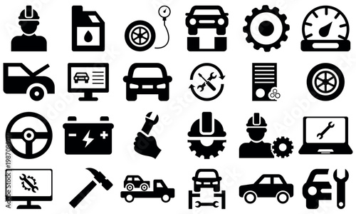 Repair Tools and Settings Icon Set – Wrench, Screwdriver, Hammer and Gear Symbols for Service, Maintenance and Configuration Vector Collection