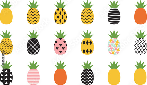 Set of colorful pineapple fruit icons with creative geometric patterns including stripes hearts and triangles flat vector illustration isolated on white background