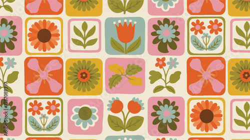 Colorful floral pattern with squares and flowers on cream background