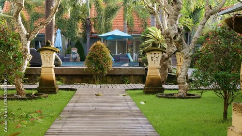 Resort architecture and landscape design with tropical garden and pool garden creates relaxing hotel atmosphere Garden space shows tourism business concept designer hotel owner and travel agent