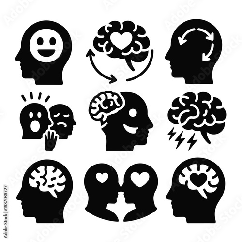 Emotional brain icons solid style emotions and brain interaction brain with heart overlay mood vector illustration set
