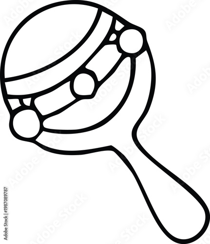 Black and white outline vector drawing of a baby rattle toy for coloring page on white background