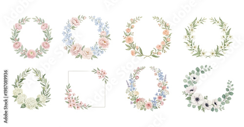 Watercolor Floral Wreath Frame Clipart Set — 8 Botanical Wedding & Spring Flower Border Illustration