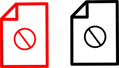 Red and black document file icons with prohibited symbol on white background. Error alert file format concept for web and app design use set.