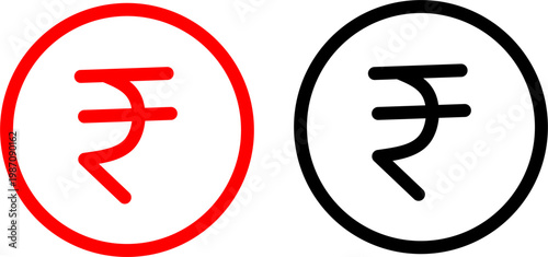 Indian rupee symbol inside circular frame in red and black styles, minimal modern currency icon isolated on white, clean financial logo concept
