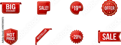 sale discount red labels and promotional price tags set with offer badge coupon banner marketing stickers isolated on transparent background