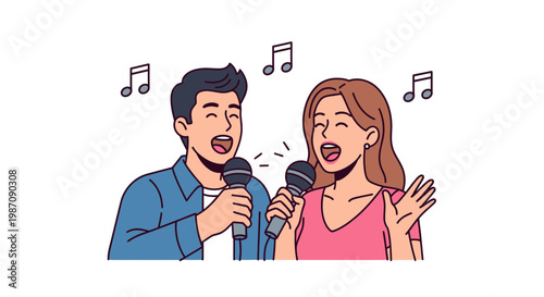 Man and woman singing with microphones.