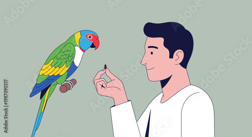 Man interacting with colorful parrot bird.