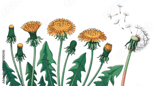 Dandelion flowers and leaves in various stages of growth and bloom