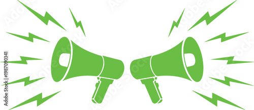 Two bright green loudspeakers announcing an important message with electric bolts radiating outwards for loud communication