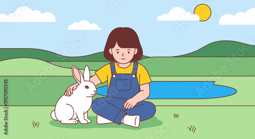 Little girl sitting with white rabbit.