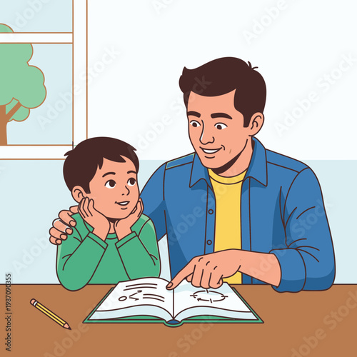 Man and boy reading book together.