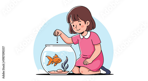 Little girl feeding goldfish aquarium.