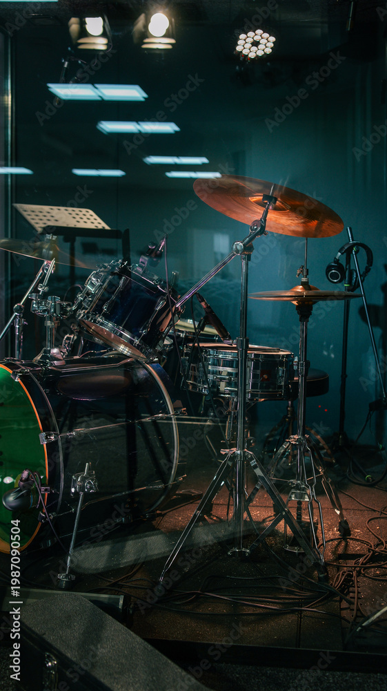 Fototapeta premium Professional drum kit set up on stage with atmospheric lighting and smoke effects