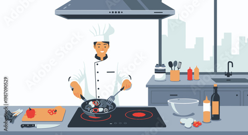 Chef cooking in a kitchen area.