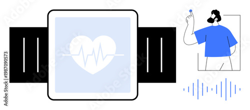 Digital health, fitness tracking, body monitoring, smart technology, medical tech, user interaction. A smartwatch with a heart icon, person analyzing data and sound waves. Digital health and fitness