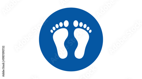 Blue circle with white human footprints icon for social distancing or safety floor marking