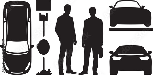 Collection of modern transport and business professional silhouettes including cars and two men in formal suits