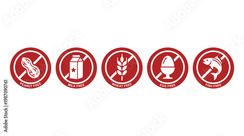 Red Food Allergy Free Icon Set with Peanut Milk Wheat Egg and Fish Symbols for Product Packaging and Menu Labels