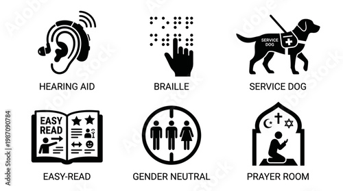 Set of Accessibility and Inclusivity Icons for Public Facilities featuring Braille, Service Dog, Gender Neutral, Prayer Room, Hearing Aid, and Easy Read Symbols