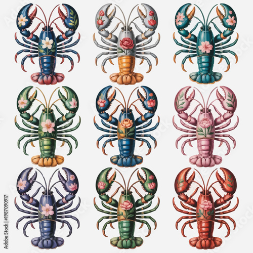 Vintage Botanical Lobster Art: Floral Crustacean Illustration Pattern