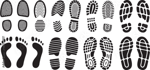Detailed set of shoe sole tread patterns and human footprint shapes for industrial and detective themes