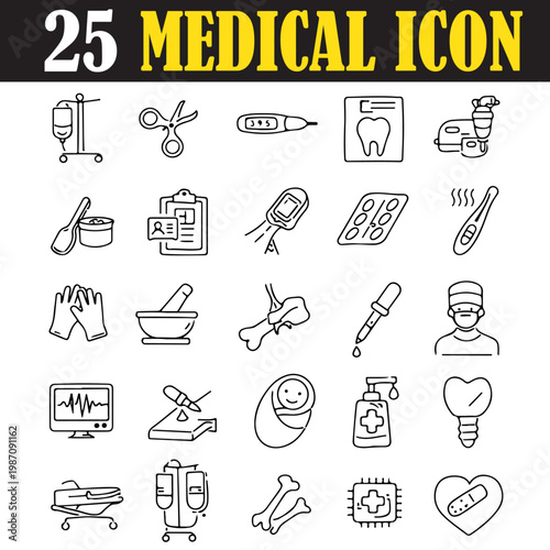 Medical icon set with 25 line art vectors, healthcare symbols for hospital and clinic equipment, black outline medical icons for web design isolated PNG with Transparent Background