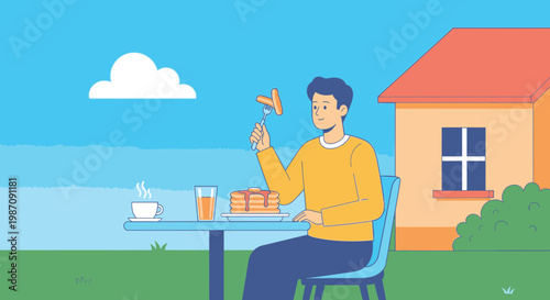Man eating breakfast outdoors alone.