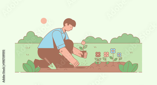 Man Planting Flowers in Garden Soil.
