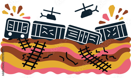 Cartoon illustration of train derailment with helicopters flying overhead on white background